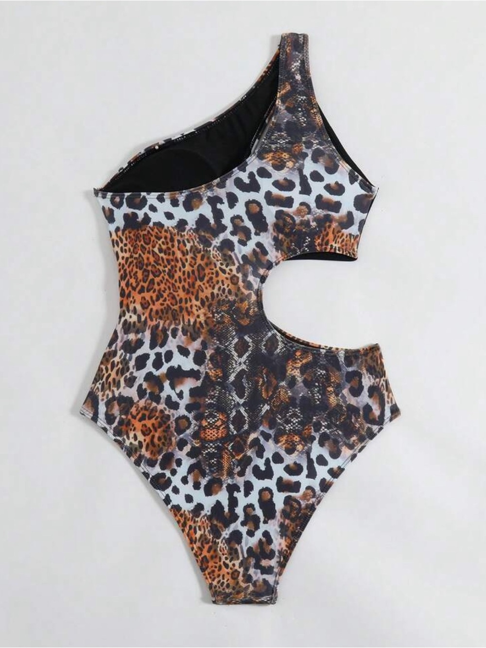 One-Shoulder Cutout Leopard & Snake Print Swimsuit